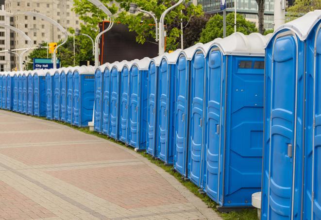 a line of portable restrooms set up for a wedding or special event, ensuring guests have access to comfortable and clean facilities throughout the duration of the celebration in Jean, NV